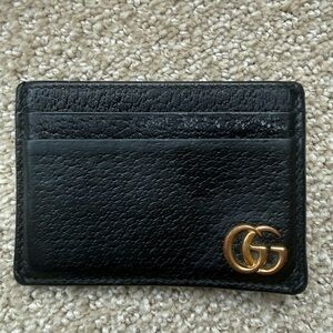 Gucci Black Leather Card Holder with Gold Double G Logo